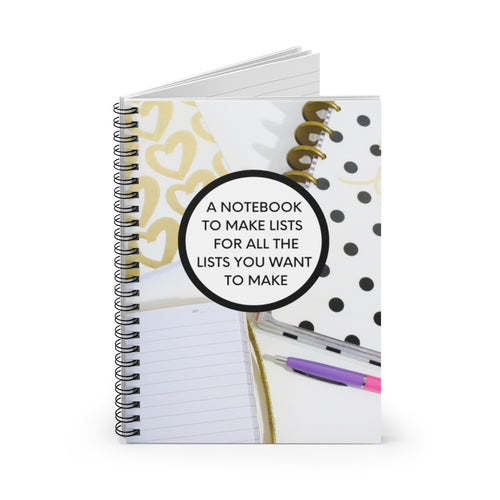 A funny, coiled, lined notebook that says 